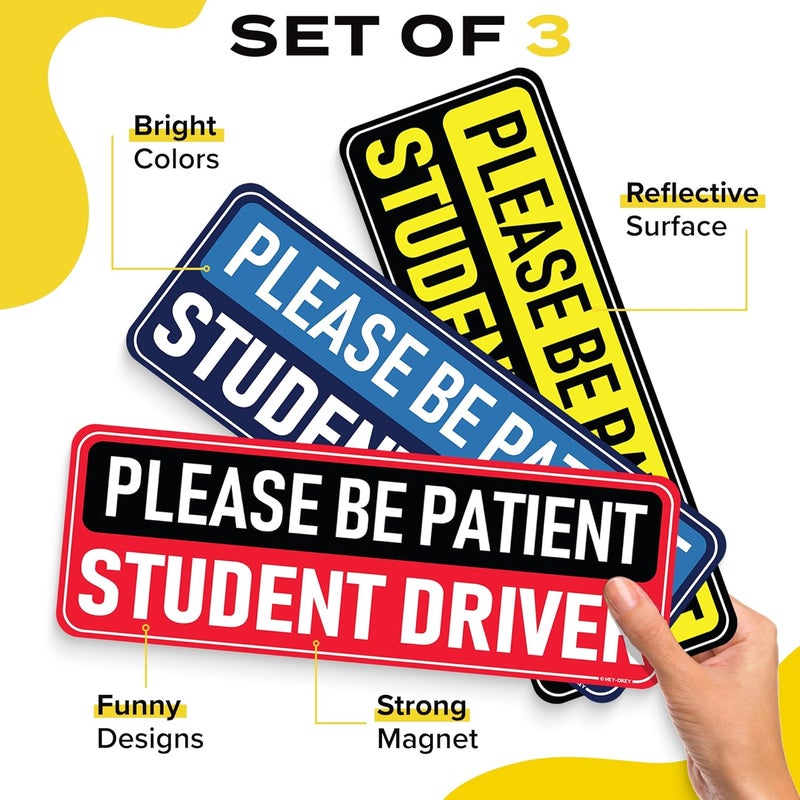 HEY-OKEY 3-Pack Student Driver Magnet for Car – Metal Only (Not for Plastic/Aluminum) – Funny Please Be Patient Reflective Magnetic Bumper Sticker – Removable Rookie Safety Signs – 10 x 3.5 in - Image 2